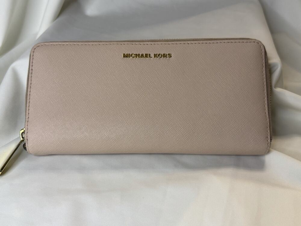 Michael Kors Pwdr Blush Saffiano Leather Continental Zip Around Wallet Wristlet